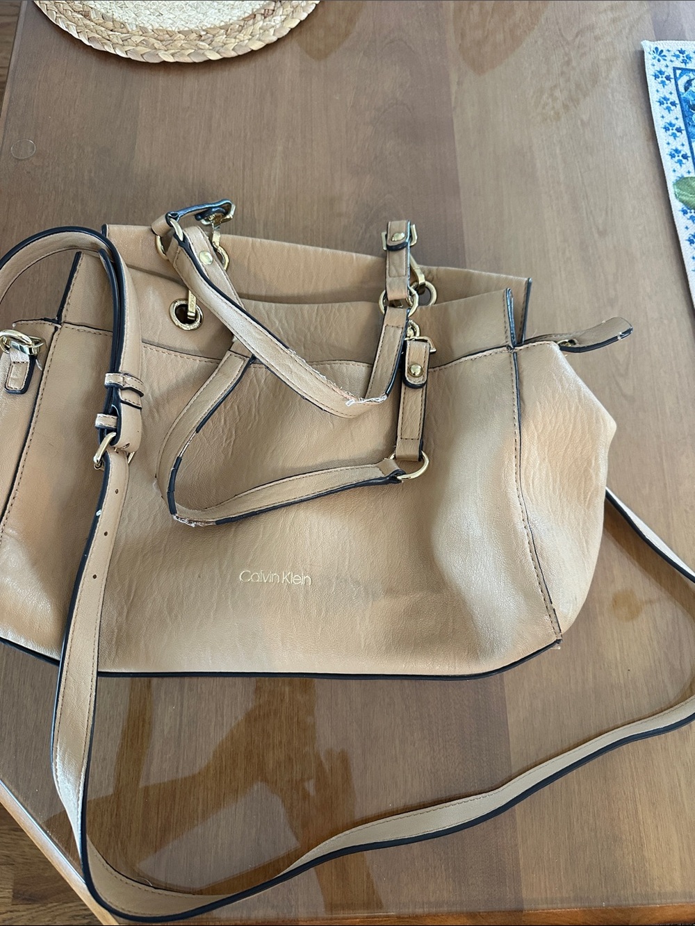 Calvin Klein Tan Leather Shoulder Bag with Gold Hardware
